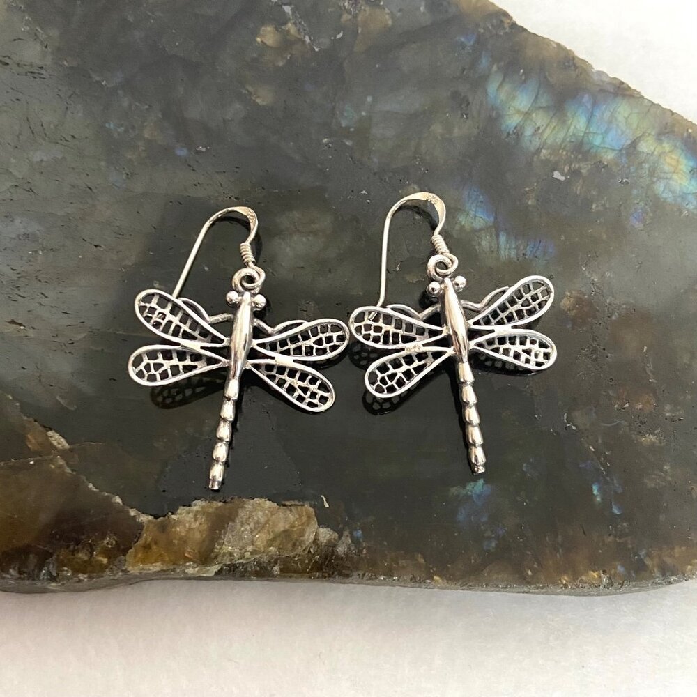 Sterling Silver 925 Dragonfly Insect Dangle Drop Earrings Dragonfly Jewelry - Picture 11 of 15